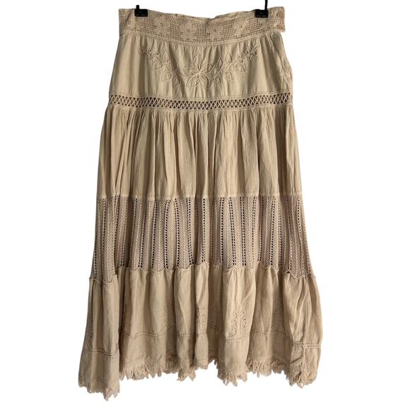 Scully Medium Peruvian Cotton Crocheted Floral Embroidered Frayed Hem Maxi Skirt - Picture 1 of 7